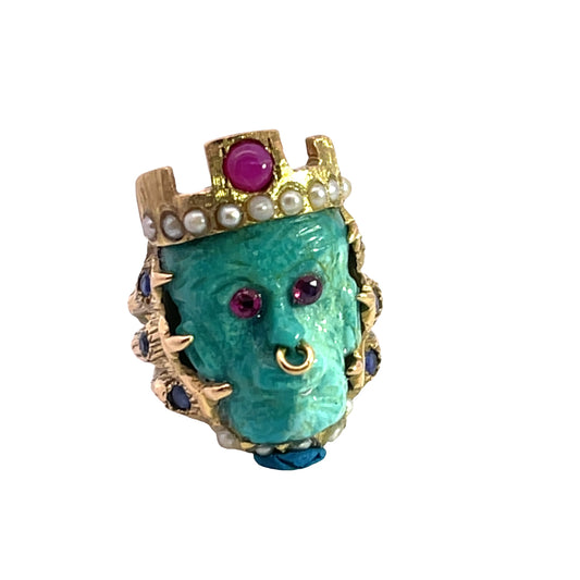 Victorian 18KY gold, turquoise, sapphire, star and faceted ruby and seed pearl Monkey King ring