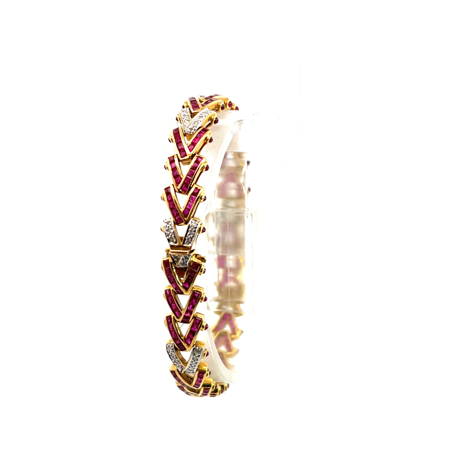 Modern 18KY gold, ruby and diamond 'V' link line bracelet