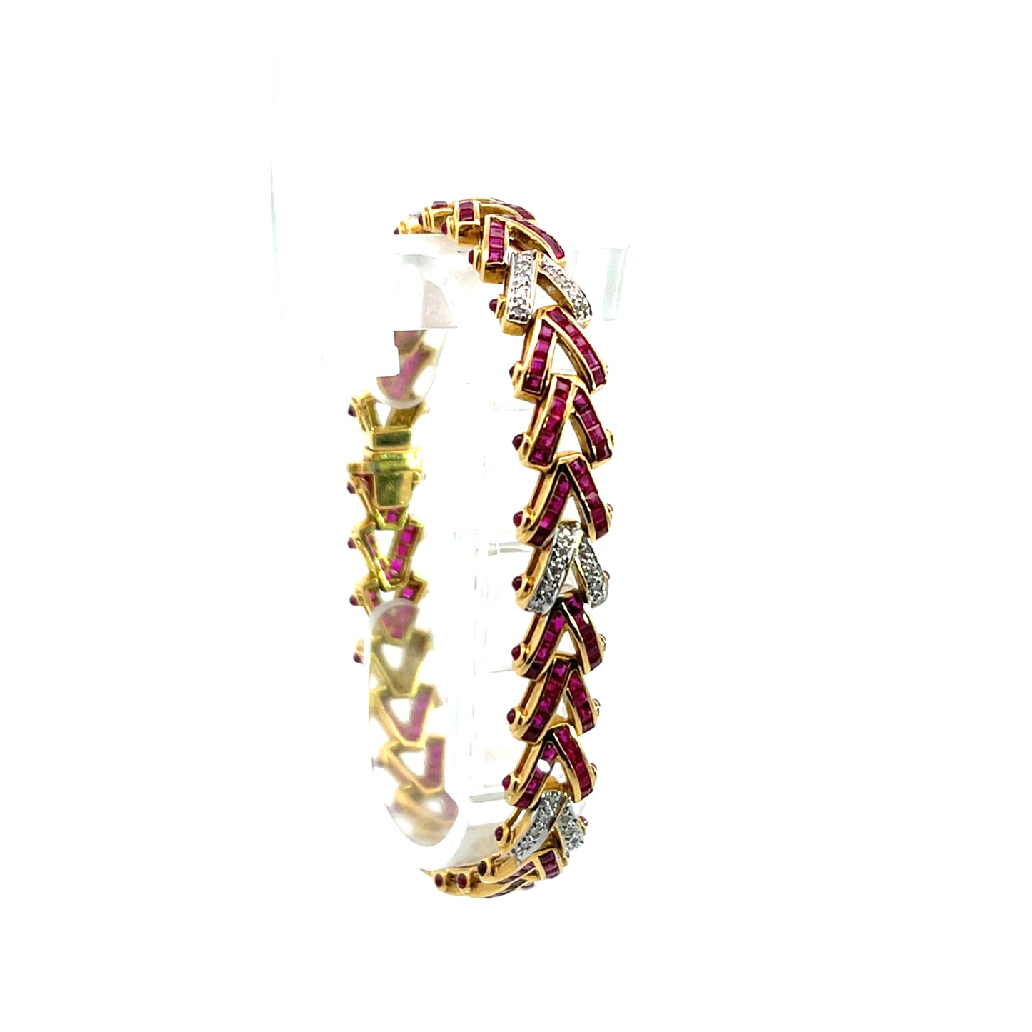 Modern 18KY gold, ruby and diamond 'V' link line bracelet