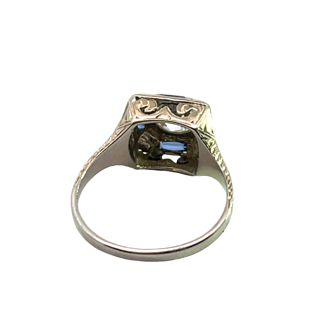 Art Deco 18K white gold diamond, and lab grown sapphire ring