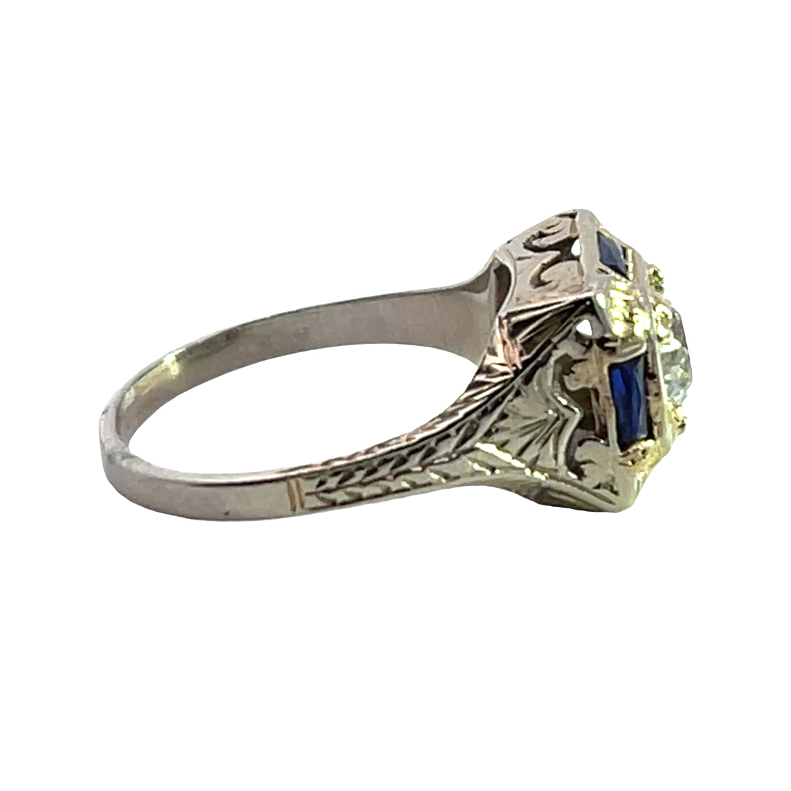 Art Deco 18K white gold diamond, and lab grown sapphire ring