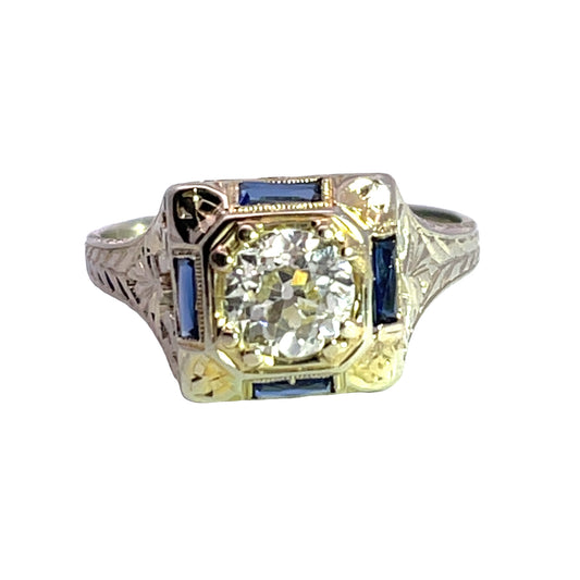 Art Deco 18K white gold diamond, and lab grown sapphire ring