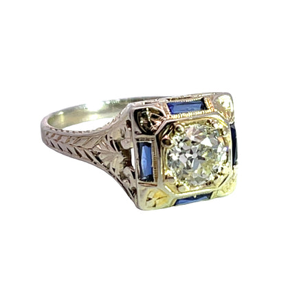 Art Deco 18K white gold diamond, and lab grown sapphire ring