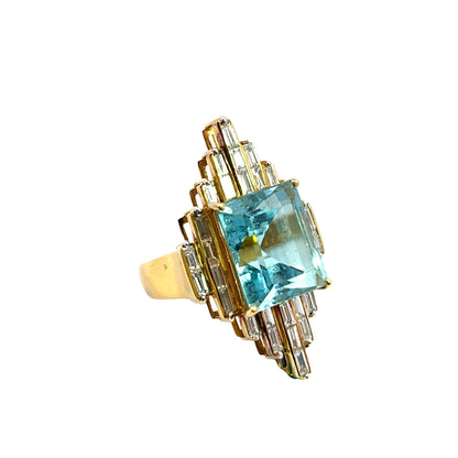 Art Deco 18KY gold, aquamarine and diamond baguette ring