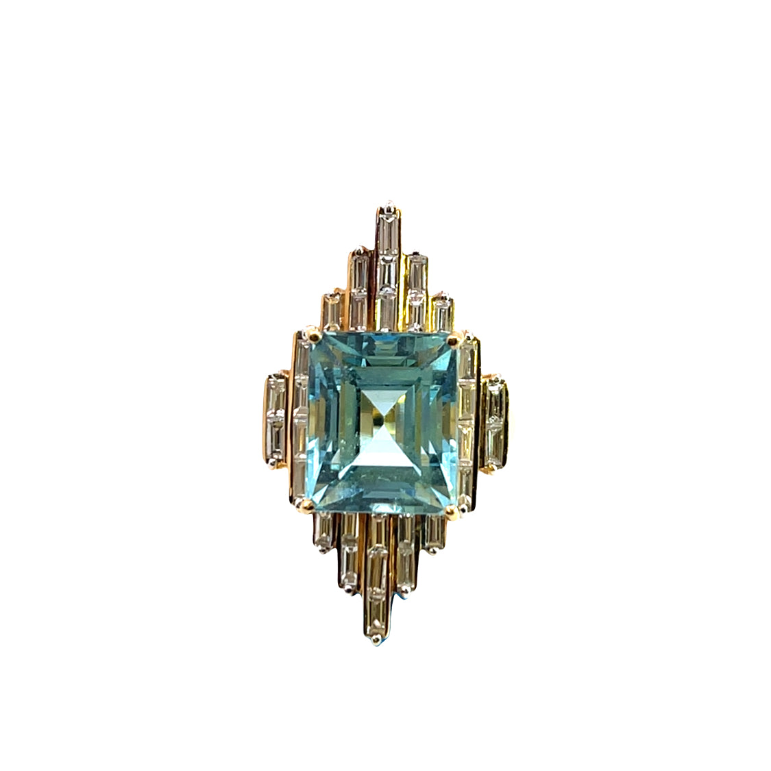 Art Deco 18KY gold, aquamarine and diamond baguette ring