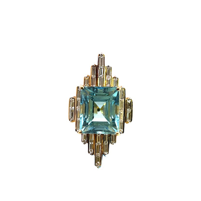 Art Deco 18KY gold, aquamarine and diamond baguette ring