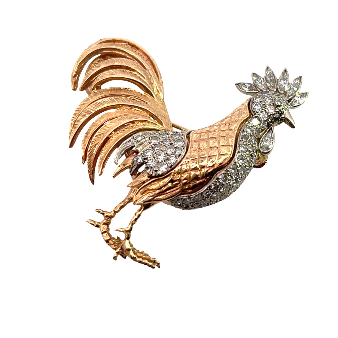 Mid Century Modern 18K yellow and white gold with diamond pave Rooster brooch