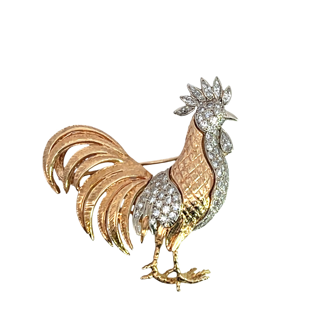 Mid Century Modern 18K yellow and white gold with diamond pave Rooster brooch