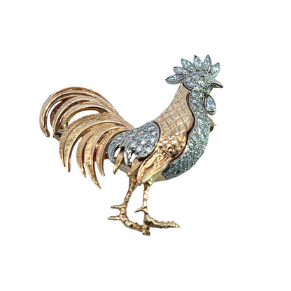 Mid Century Modern 18K yellow and white gold with diamond pave Rooster brooch