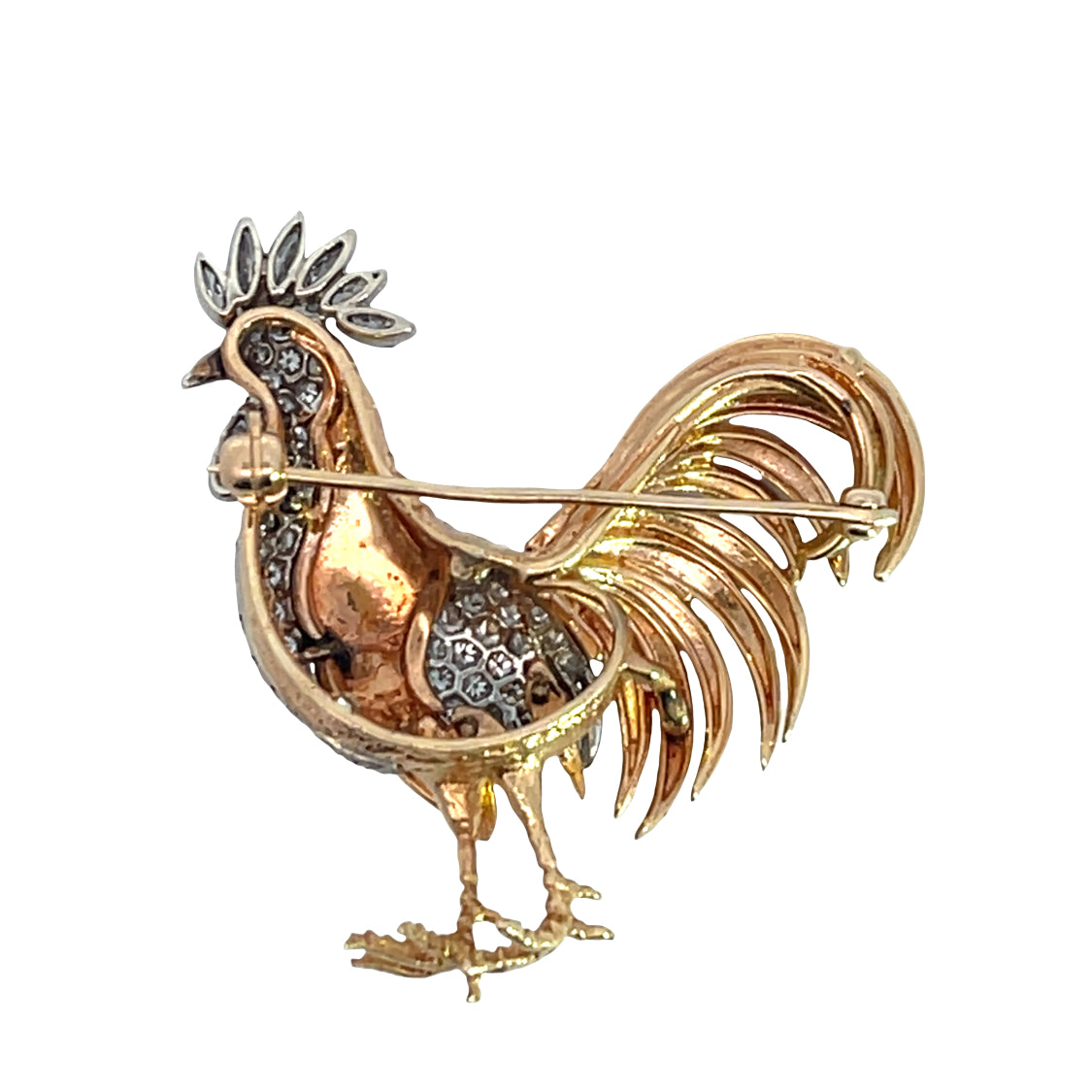 Mid Century Modern 18K yellow and white gold with diamond pave Rooster brooch