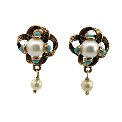 Mid Century Modern Pearl and Turquoise post earring