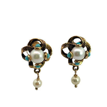 Mid Century Modern Pearl and Turquoise post earring
