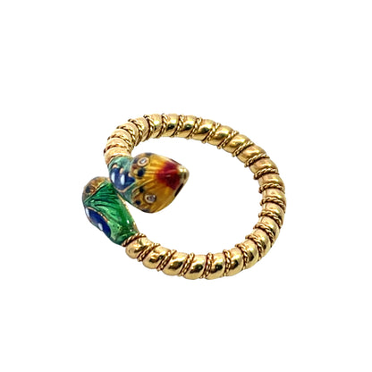Modern 18KY gold, diamond and enamel snake ring