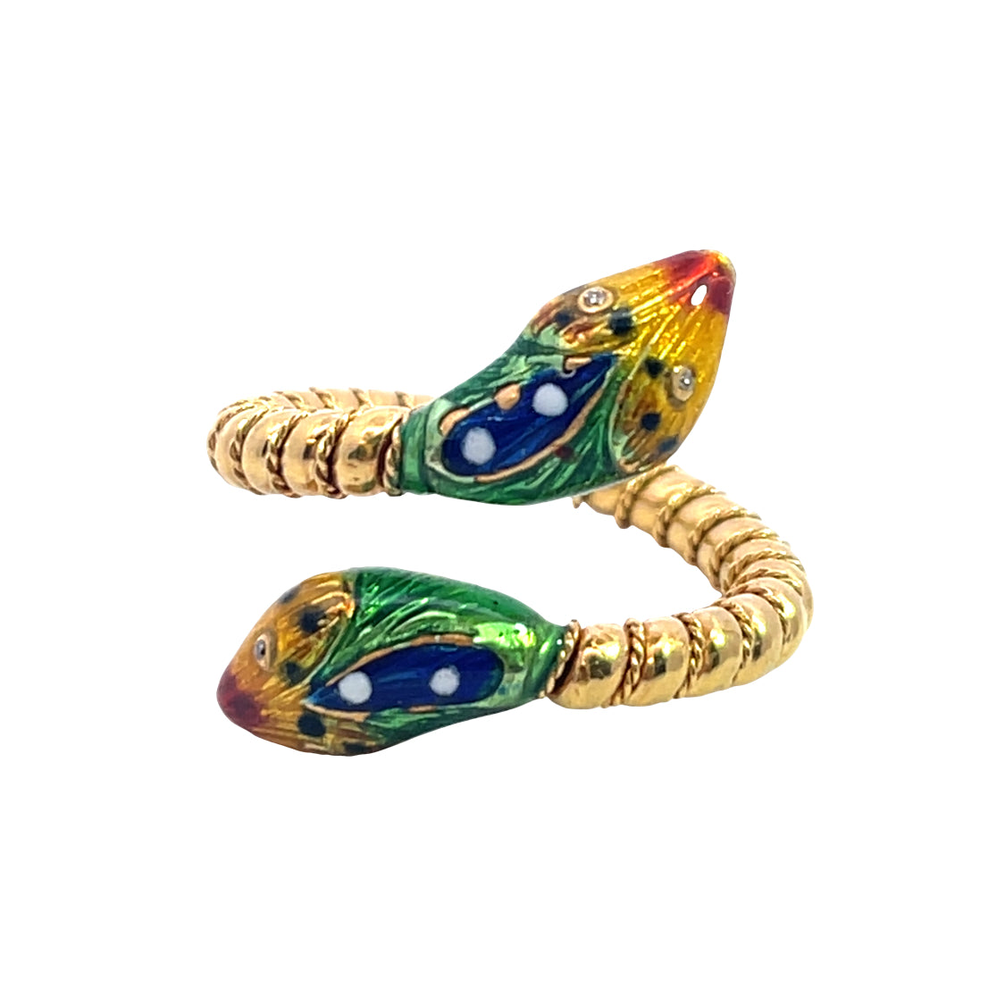 Modern 18KY gold, diamond and enamel snake ring