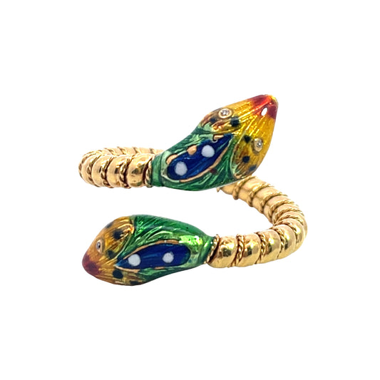 Modern 18KY gold, diamond and enamel snake ring