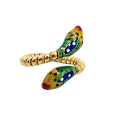 Modern 18KY gold, diamond and enamel snake ring