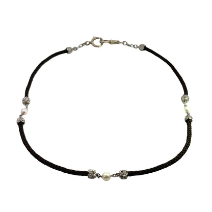 Victorian 18KW gold, diamond and natural pearl mourning jewelry watch chain