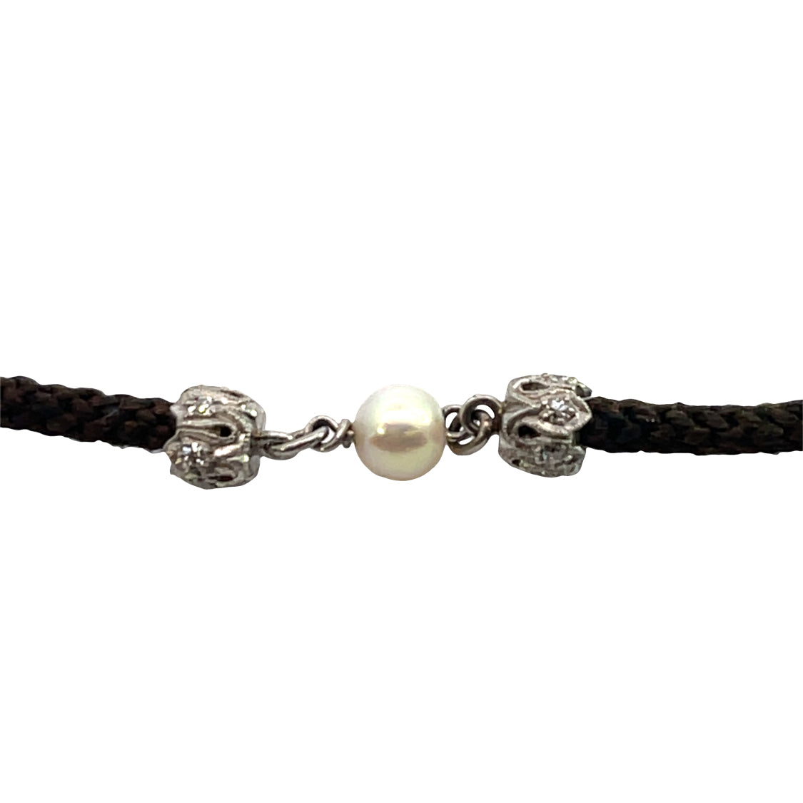 Victorian 18KW gold, diamond and natural pearl mourning jewelry watch chain