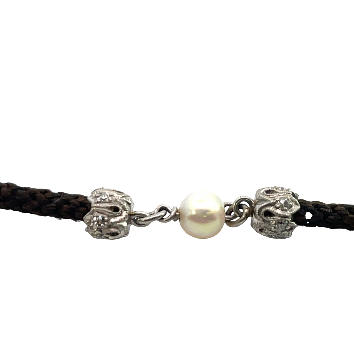 Victorian 18KW gold, diamond and natural pearl mourning jewelry watch chain