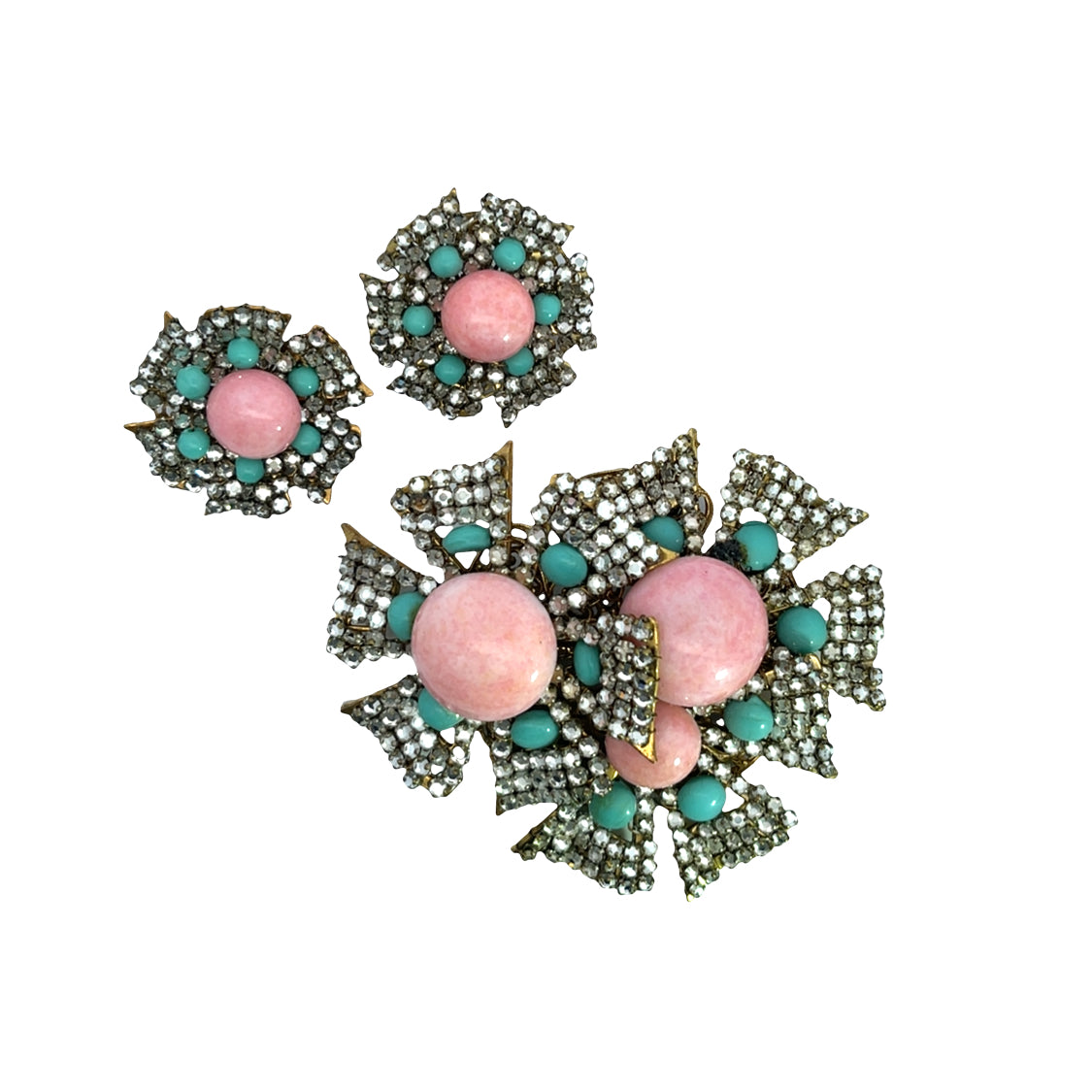 Mid Century Modern Brass, Rhinestone and Glass Miriam Haskell pin and earrings set