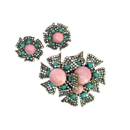 Mid Century Modern Brass, Rhinestone and Glass Miriam Haskell pin and earrings set