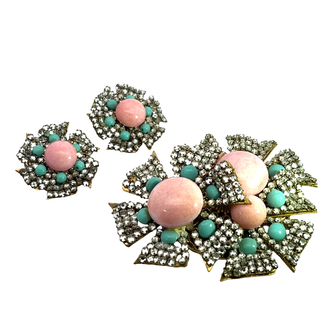 Mid Century Modern Brass, Rhinestone and Glass Miriam Haskell pin and earrings set