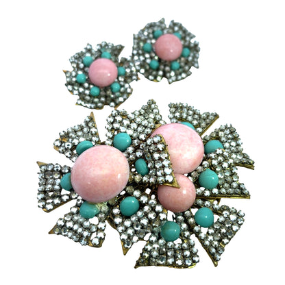 Mid Century Modern Brass, Rhinestone and Glass Miriam Haskell pin and earrings set