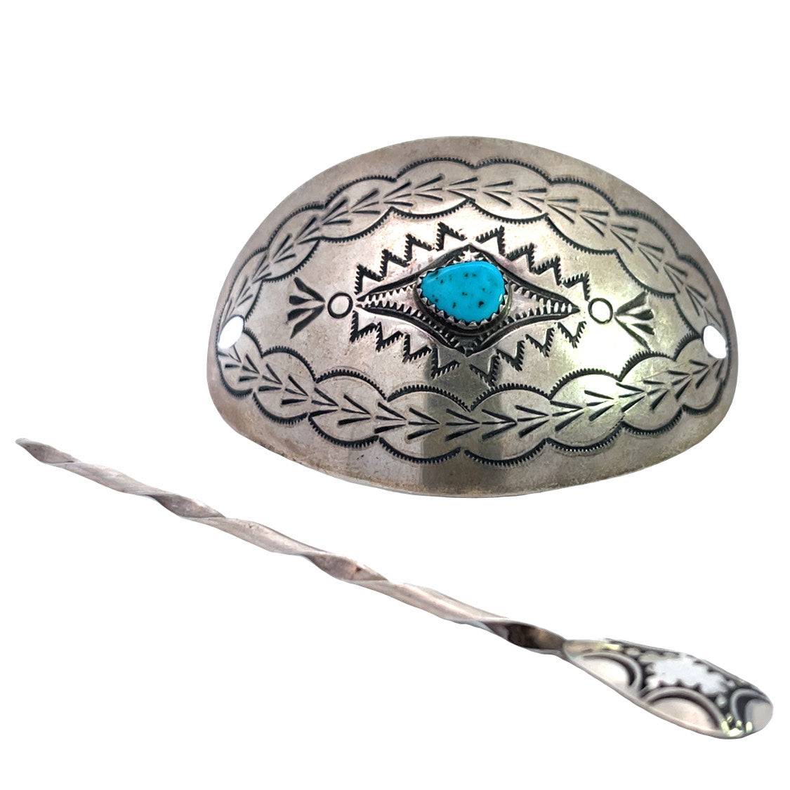Native American Sterling Silver and Turquoise stamped hair pin