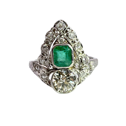 Edwardian Platinum, Colombian emerald, and Old European cut diamond ring