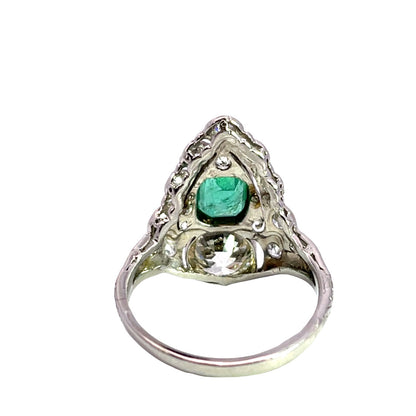 Edwardian Platinum, Colombian emerald, and Old European cut diamond ring