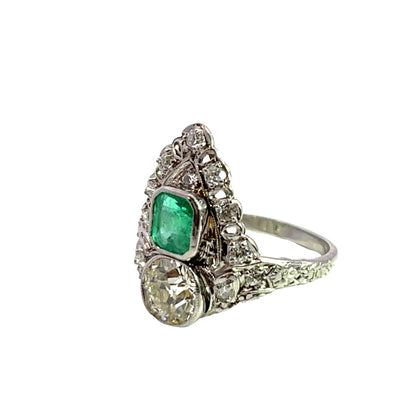 Edwardian Platinum, Colombian emerald, and Old European cut diamond ring