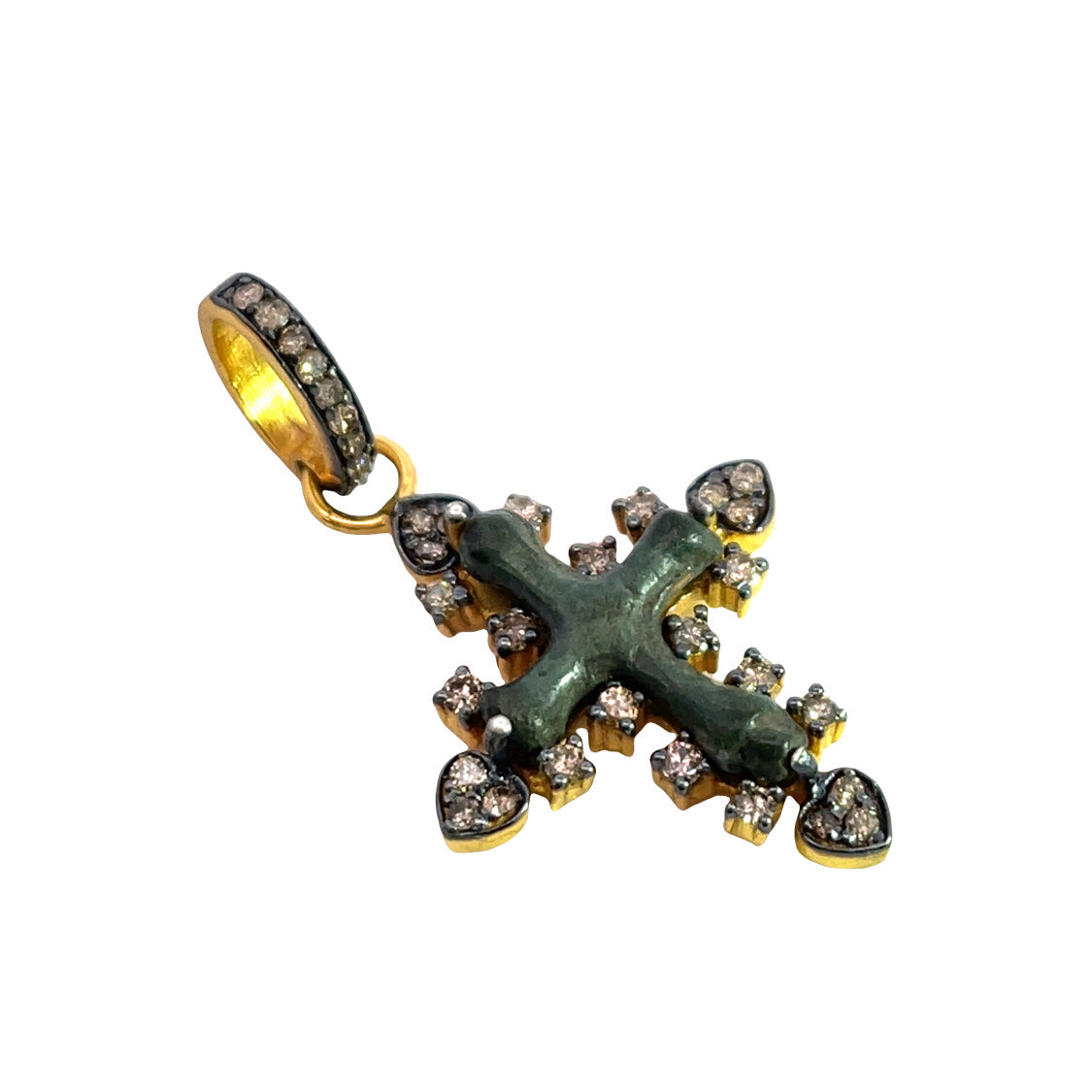Modern Pendant with Byzantine Bronze cross, sterling silver, gold plating and natural diamond pendant