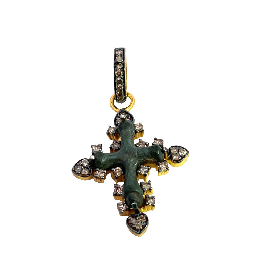 Modern Pendant with Byzantine Bronze cross, sterling silver, gold plating and natural diamond pendant