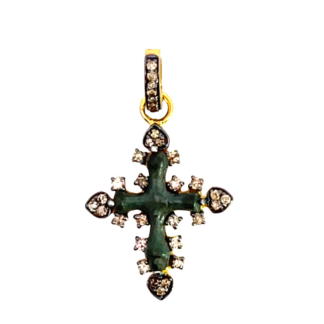 Modern Pendant with Byzantine Bronze cross, sterling silver, gold plating and natural diamond pendant