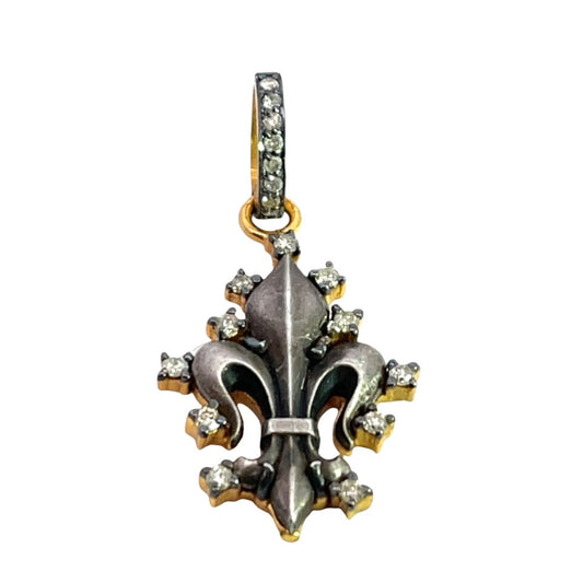 Vintage Sterling Silver Fleur de Lis in modern gold plated and diamond pendant