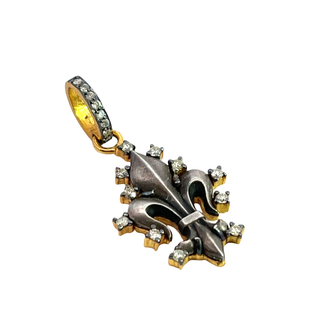 Vintage Sterling Silver Fleur de Lis in modern gold plated and diamond pendant