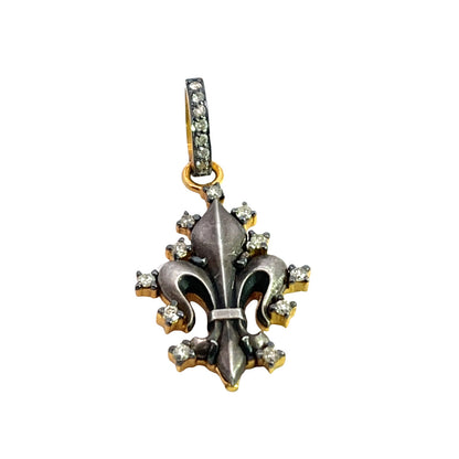 Vintage Sterling Silver Fleur de Lis in modern gold plated and diamond pendant