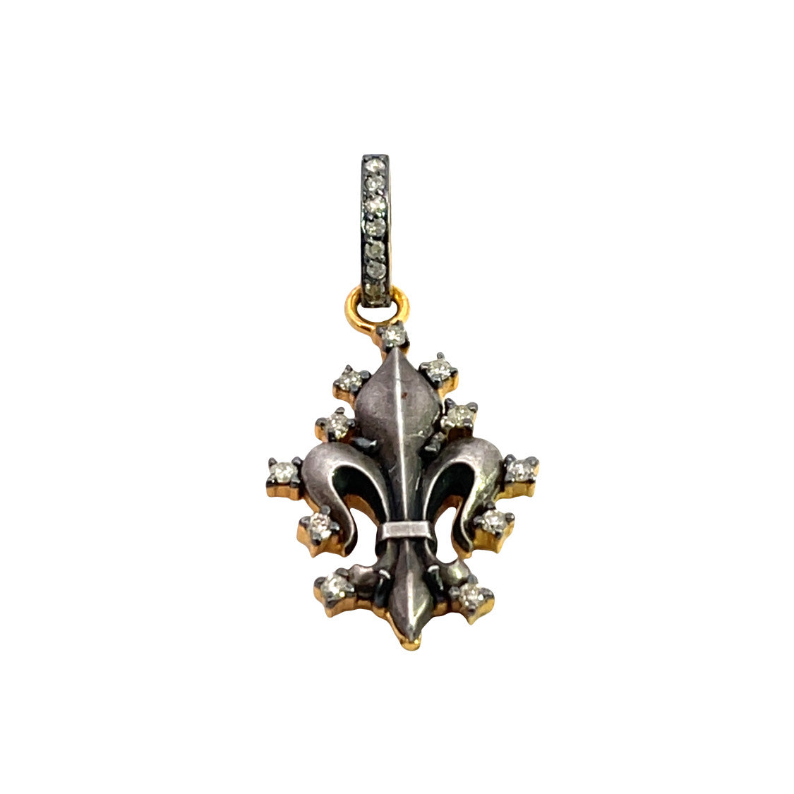 Vintage Sterling Silver Fleur de Lis in modern gold plated and diamond pendant