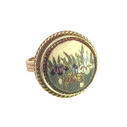 Vintage Japanese Satsuma porcelain set in a modern 14KY gold ring