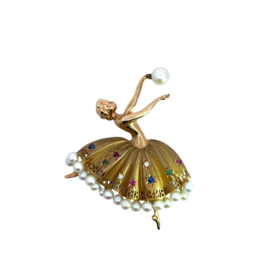 Mid Century Modern 18KY gold, cultured pearl, ruby, diamond, sapphire and emerald ballerina brooch