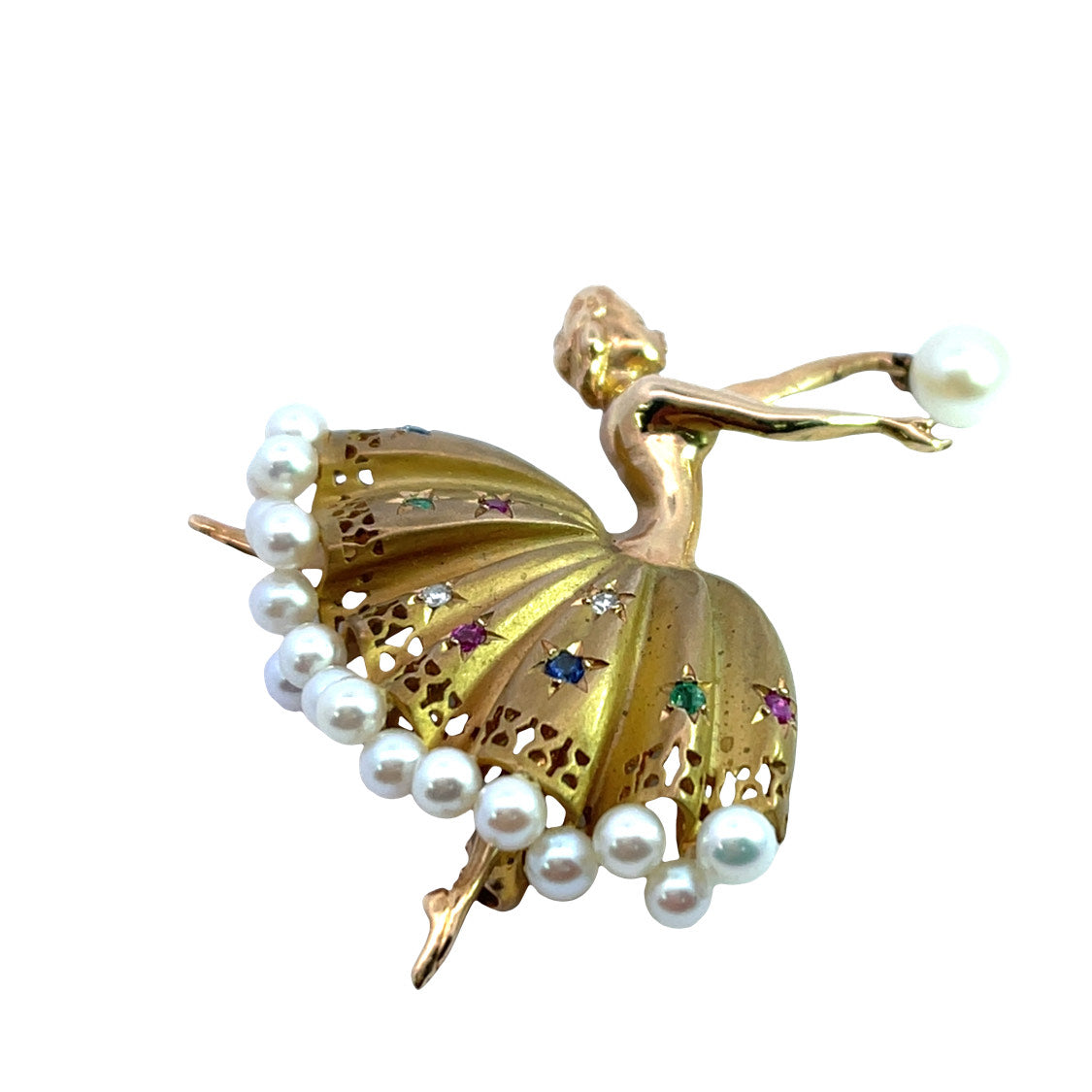 Mid Century Modern 18KY gold, cultured pearl, ruby, diamond, sapphire and emerald ballerina brooch