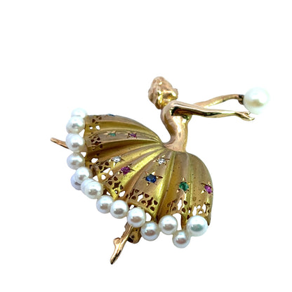 Mid Century Modern 18KY gold, cultured pearl, ruby, diamond, sapphire and emerald ballerina brooch