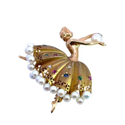 Mid Century Modern 18KY gold, cultured pearl, ruby, diamond, sapphire and emerald ballerina brooch