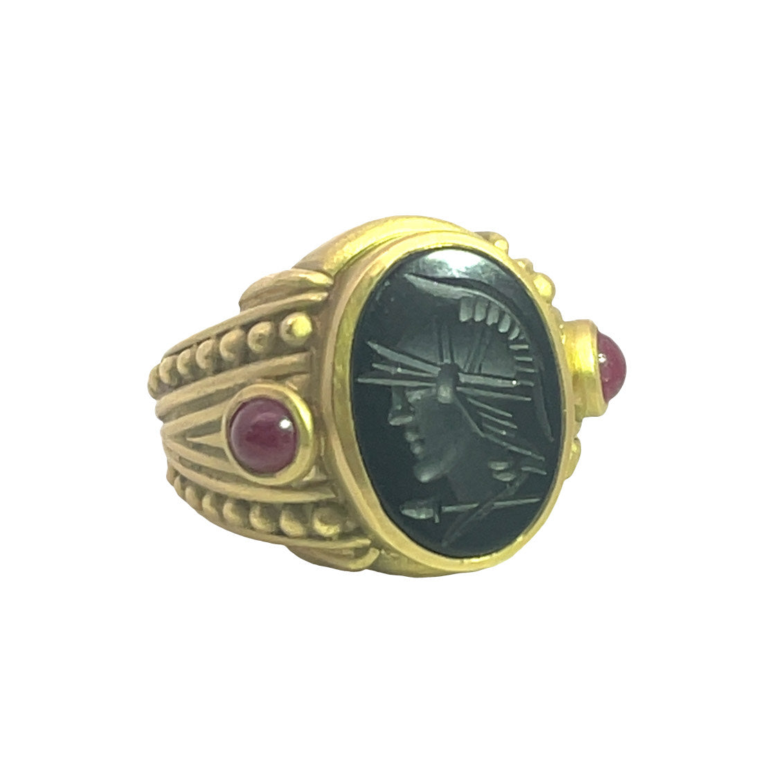 Modern 18 KY gold, ruby and carved onyx Judith Ripka ring