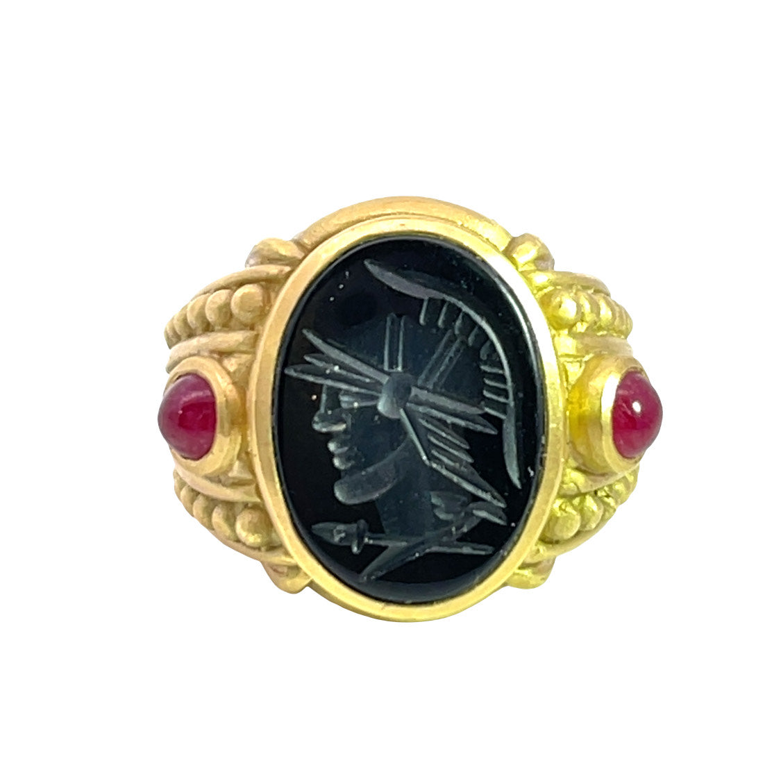Modern 18 KY gold, ruby and carved onyx Judith Ripka ring