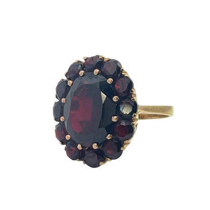 Victorian 18KY gold garnet halo ring
