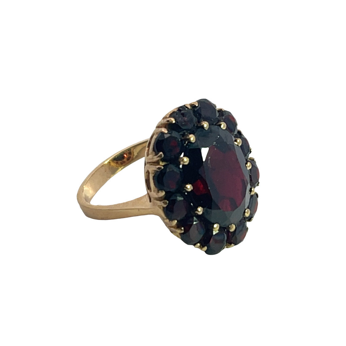 Victorian 18KY gold garnet halo ring