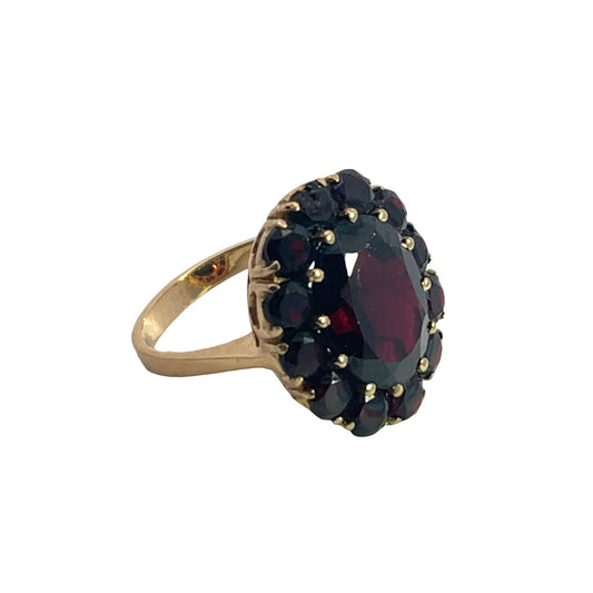 Victorian 18KY gold garnet halo ring