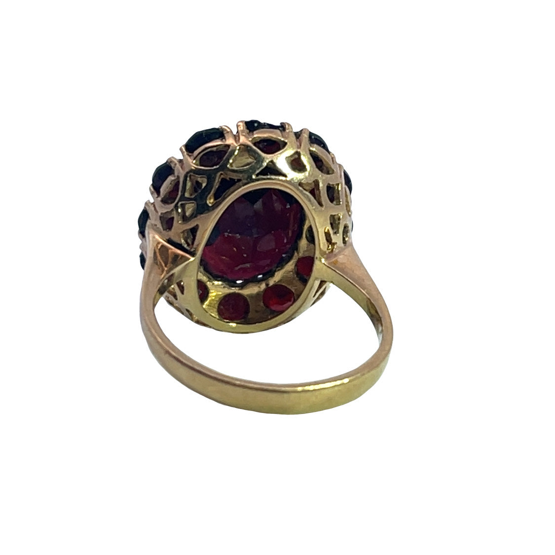 Victorian 18KY gold garnet halo ring