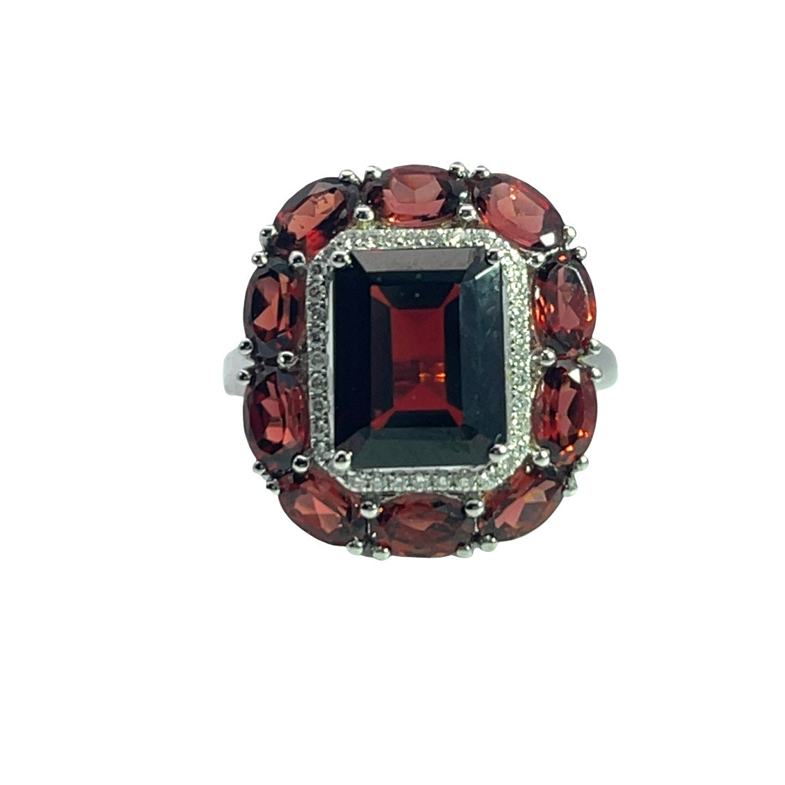 Modern Platinum, diamond and garnet halo ring